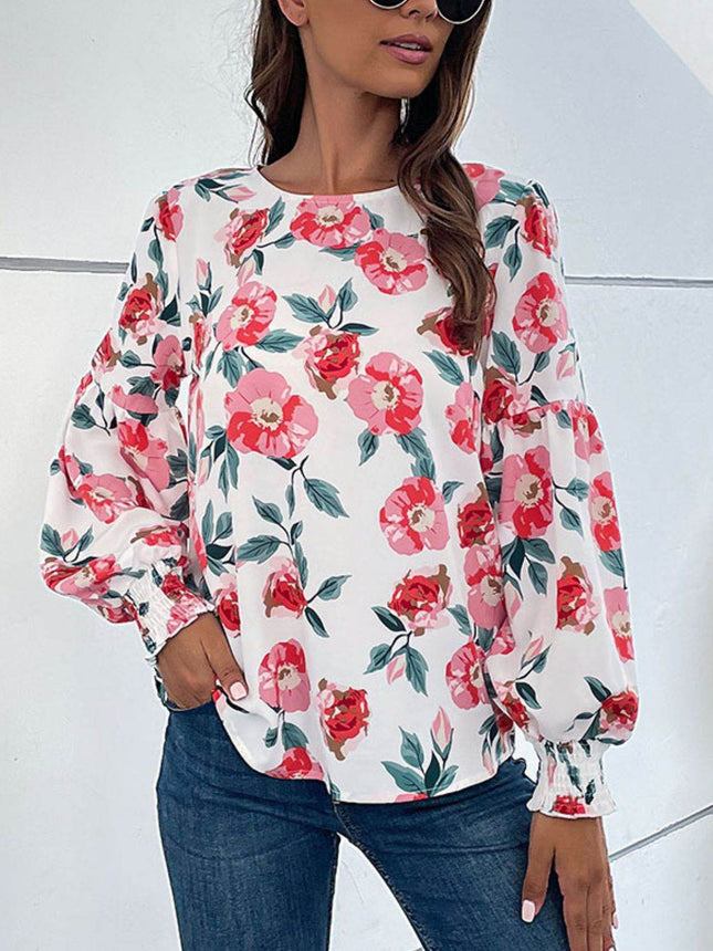 Floral Long Puff Sleeve Round Neck Blouse - MimiStylez
