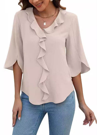 Loose V-neck Flounce Shirt - MimiStylez