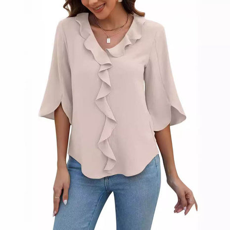 Loose V-neck Flounce Shirt - MimiStylez