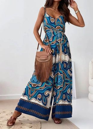 Printed V-Neck Wide Leg Jumpsuit - MimiStylez