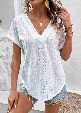 Eyelet V-Neck Short Sleeve Blouse - MimiStylez