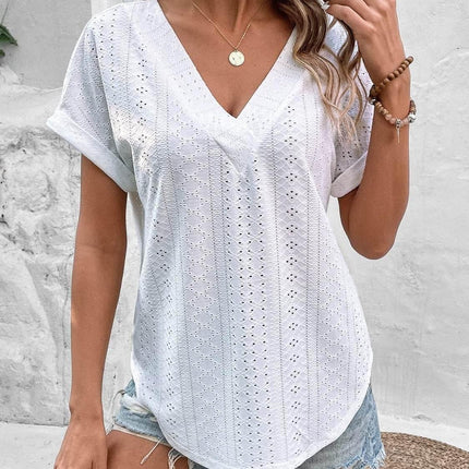 Eyelet V-Neck Short Sleeve Blouse - MimiStylez