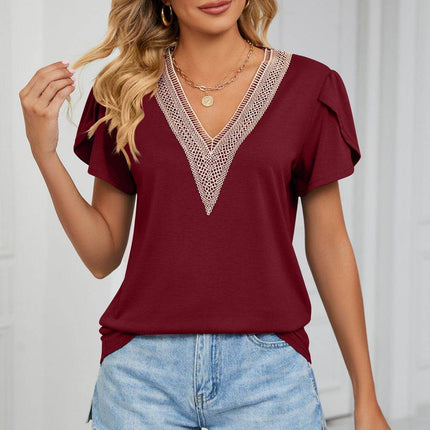 Contrast Trim Petal Sleeve V-Neck Top - MimiStylez