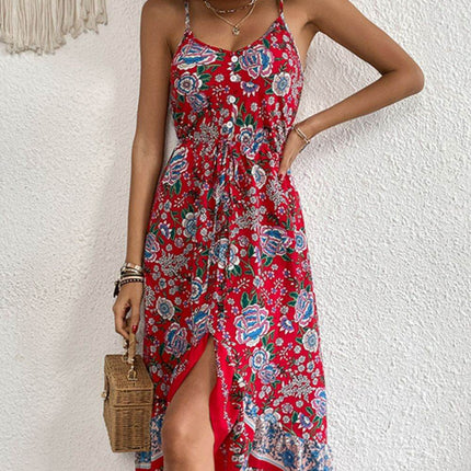 Bohemian Decorative Button Spaghetti Strap Dress - MimiStylez
