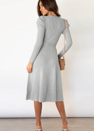 Round Neck Long Sleeve Tie Waist Sweater Dress - MimiStylez