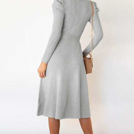 Round Neck Long Sleeve Tie Waist Sweater Dress - MimiStylez