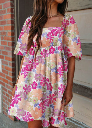 Printed Square Neck Half Sleeve Mini Dress - MimiStylez