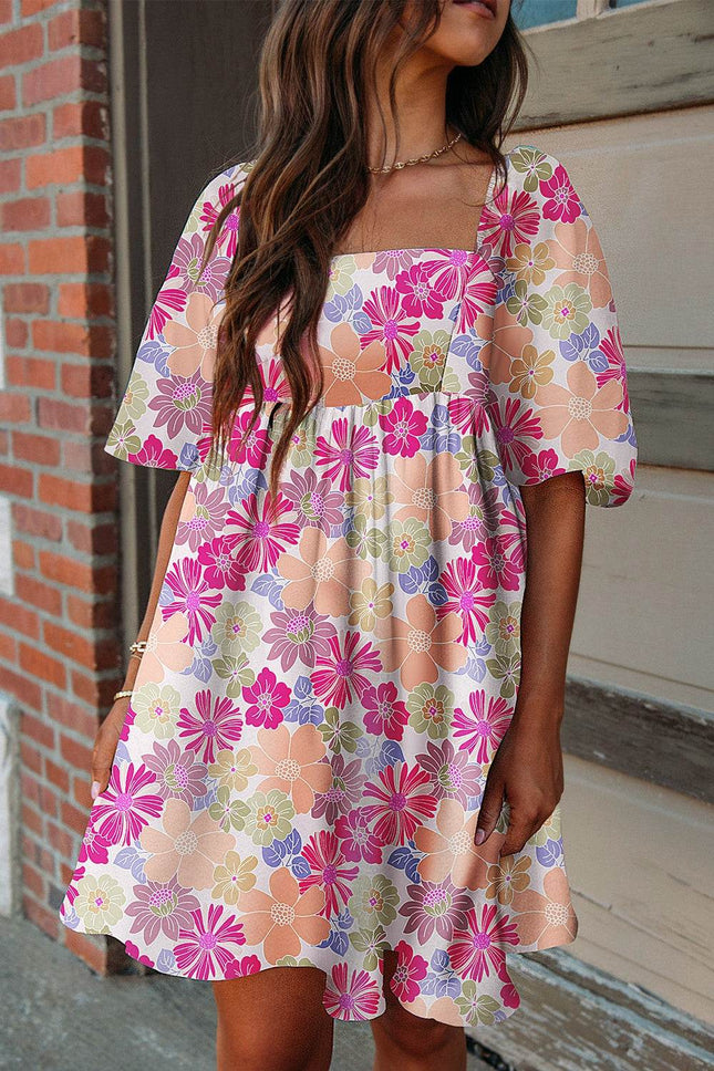 Printed Square Neck Half Sleeve Mini Dress - MimiStylez