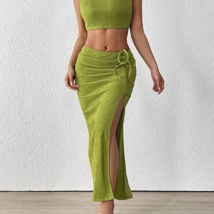 Perfee Texture Cropped Tank and Ruched Skirt Set - MimiStylez