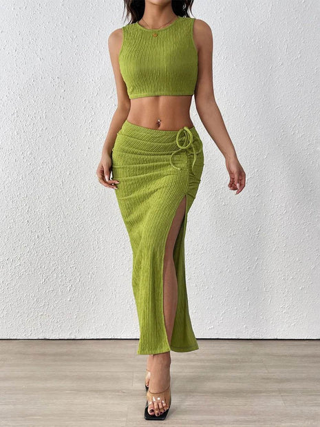 Perfee Texture Cropped Tank and Ruched Skirt Set - MimiStylez