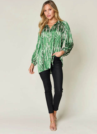 Double Take Full Size Printed Button Up Long Sleeve Shirt - MimiStylez