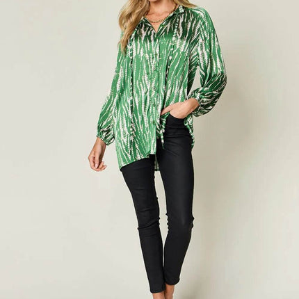 Double Take Full Size Printed Button Up Long Sleeve Shirt - MimiStylez