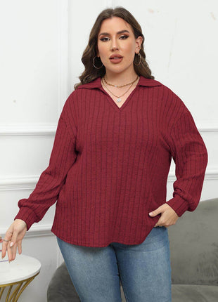 Plus Size Ribbed Collared Neck Long Sleeve Blouse - MimiStylez
