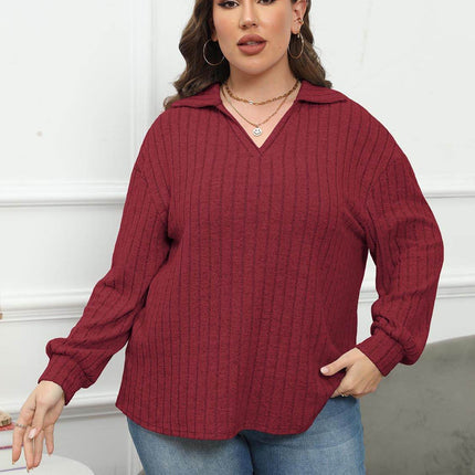 Plus Size Ribbed Collared Neck Long Sleeve Blouse - MimiStylez