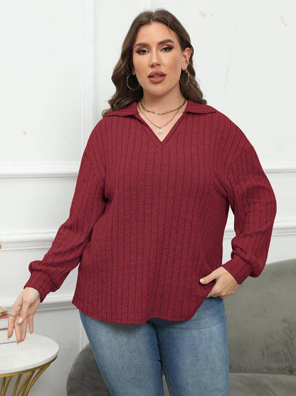 Plus Size Ribbed Collared Neck Long Sleeve Blouse - MimiStylez