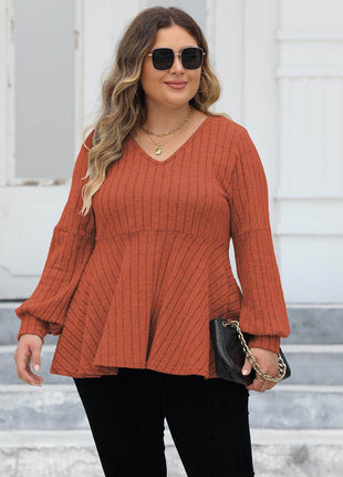 Plus Size Ribbed V-Neck Long Sleeve Blouse - MimiStylez