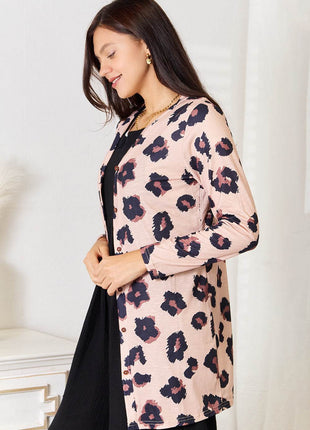 Double Take Printed Button Front Longline Cardigan - MimiStylez