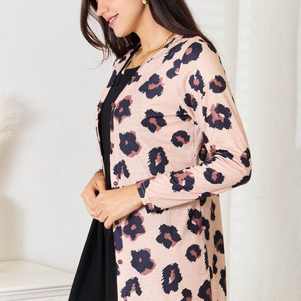Double Take Printed Button Front Longline Cardigan - MimiStylez