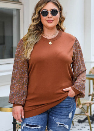 Plus Size Printed Dropped Shoulder Round Neck Blouse - MimiStylez