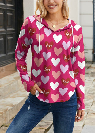 Heart Drawstring Dropped Shoulder Hoodie - MimiStylez