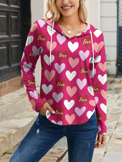 Heart Drawstring Dropped Shoulder Hoodie - MimiStylez