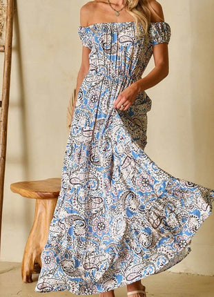 Boho Paisley Print Off Shoulder Maxi Dress - MimiStylez