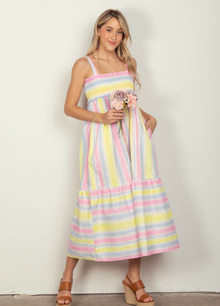 VERY J Striped Woven Smocked Midi Cami Dress - MimiStylez