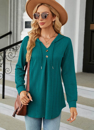 Decorative Button Drawstring Long Sleeve Hoodie - MimiStylez