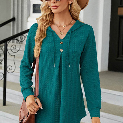 Decorative Button Drawstring Long Sleeve Hoodie - MimiStylez