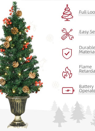 Prelit Christmas 4-Piece Set, Garland Wreath And Set Of 2 Entrance Trees With Warm White LED Lights, Red Berries, Pine Cones, Green