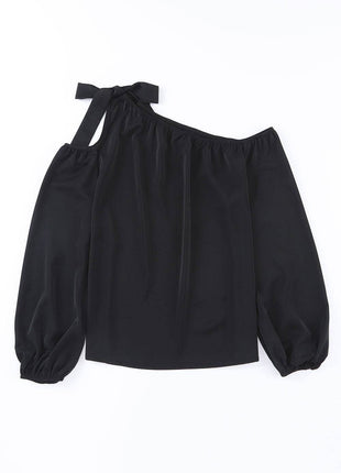 Double Take Tied Asymmetrical Neck Cold-Shoulder Blouse - MimiStylez