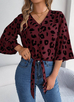 Tied Button Up Leopard V-Neck Blouse - MimiStylez