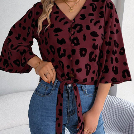 Tied Button Up Leopard V-Neck Blouse - MimiStylez