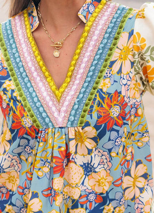 Multicolour Crochet V Neck Half Sleeve Boho Floral Blouse - MimiStylez
