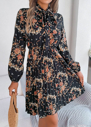 Pleated Printed Tie Neck Long Sleeve Dress - MimiStylez