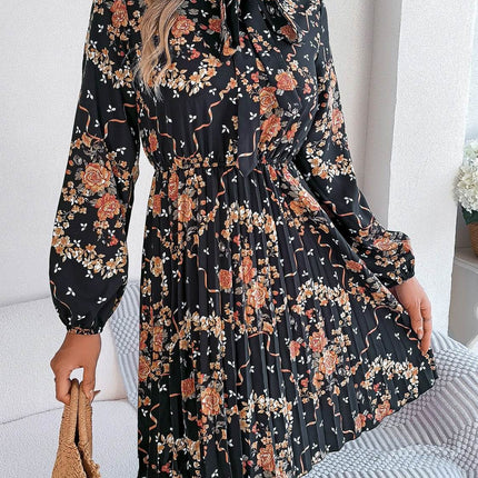 Pleated Printed Tie Neck Long Sleeve Dress - MimiStylez