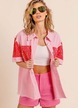 BiBi Sequin Detail Raw Hem Short Sleeve Shirt - MimiStylez