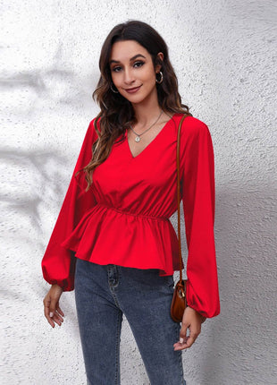 V-Neck Balloon Sleeve Peplum Blouse - MimiStylez