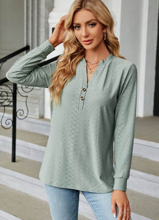 Notched Neck Long Sleeve Buttoned Blouse - MimiStylez