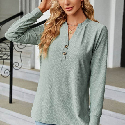 Notched Neck Long Sleeve Buttoned Blouse - MimiStylez