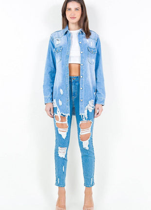 American Bazi Frayed Hem Distressed Denim Shirt Jacket - MimiStylez