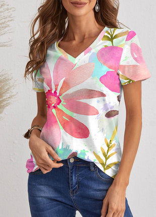 Printed V-Neck Short Sleeve T-Shirt - MimiStylez