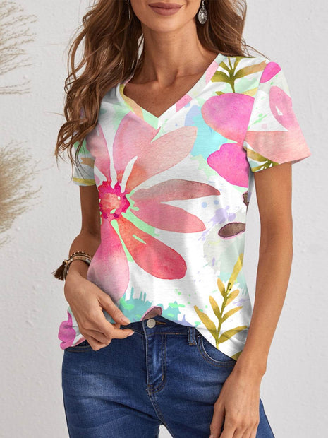 Printed V-Neck Short Sleeve T-Shirt - MimiStylez