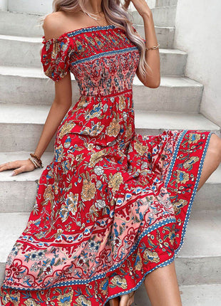 Floral Off-Shoulder Smocked Midi Dress - MimiStylez
