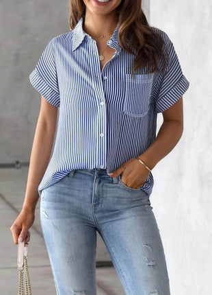 Full Size Striped Button-Up Casual Shirt with Pocket Plus Size - MimiStylez