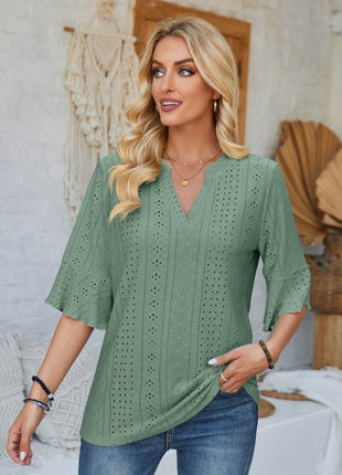 Eyelet Notched Half Sleeve T-Shirt - MimiStylez