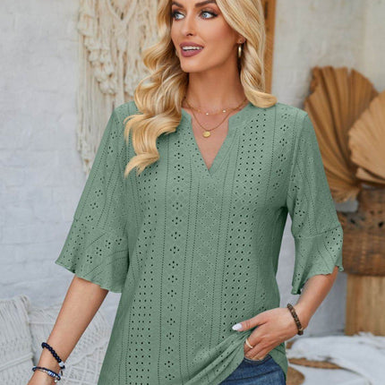 Eyelet Notched Half Sleeve T-Shirt - MimiStylez