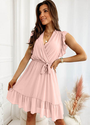 Full Size Ruffled Surplice Cap Sleeve Dress - MimiStylez