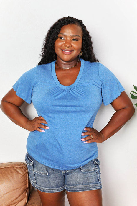 Double Take Ruched V-Neck Short Sleeve T-Shirt - MimiStylez
