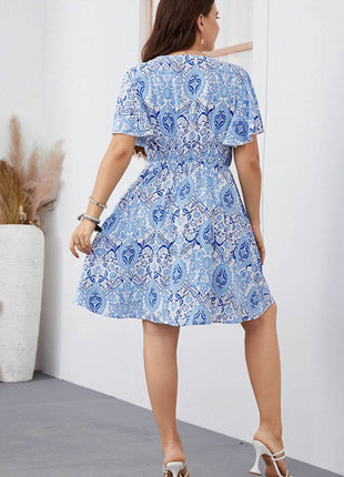 Plus Size Surplice Neck Flutter Sleeve Dress - MimiStylez